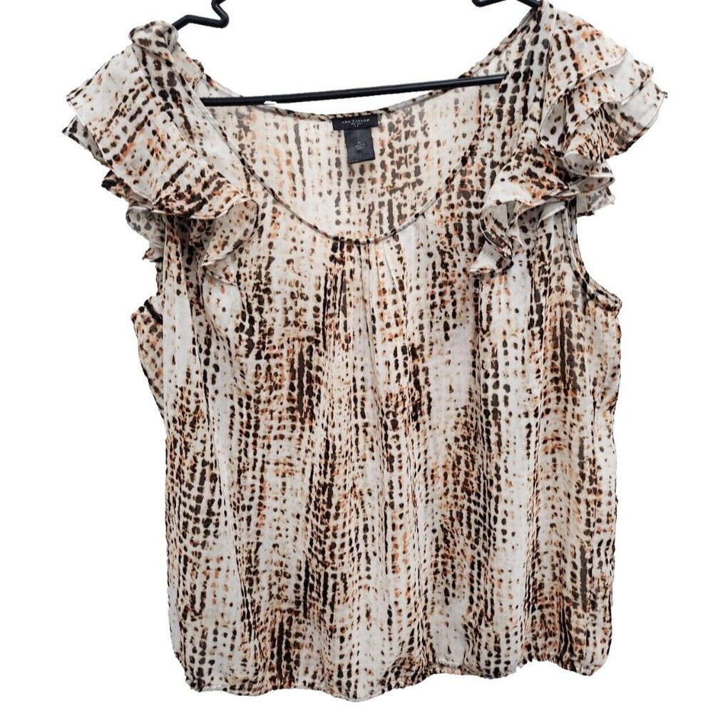 Ann Taylor Womens Blouse Top XL Brown Spotted Print Ruffle Short Sleeve Fairy‎